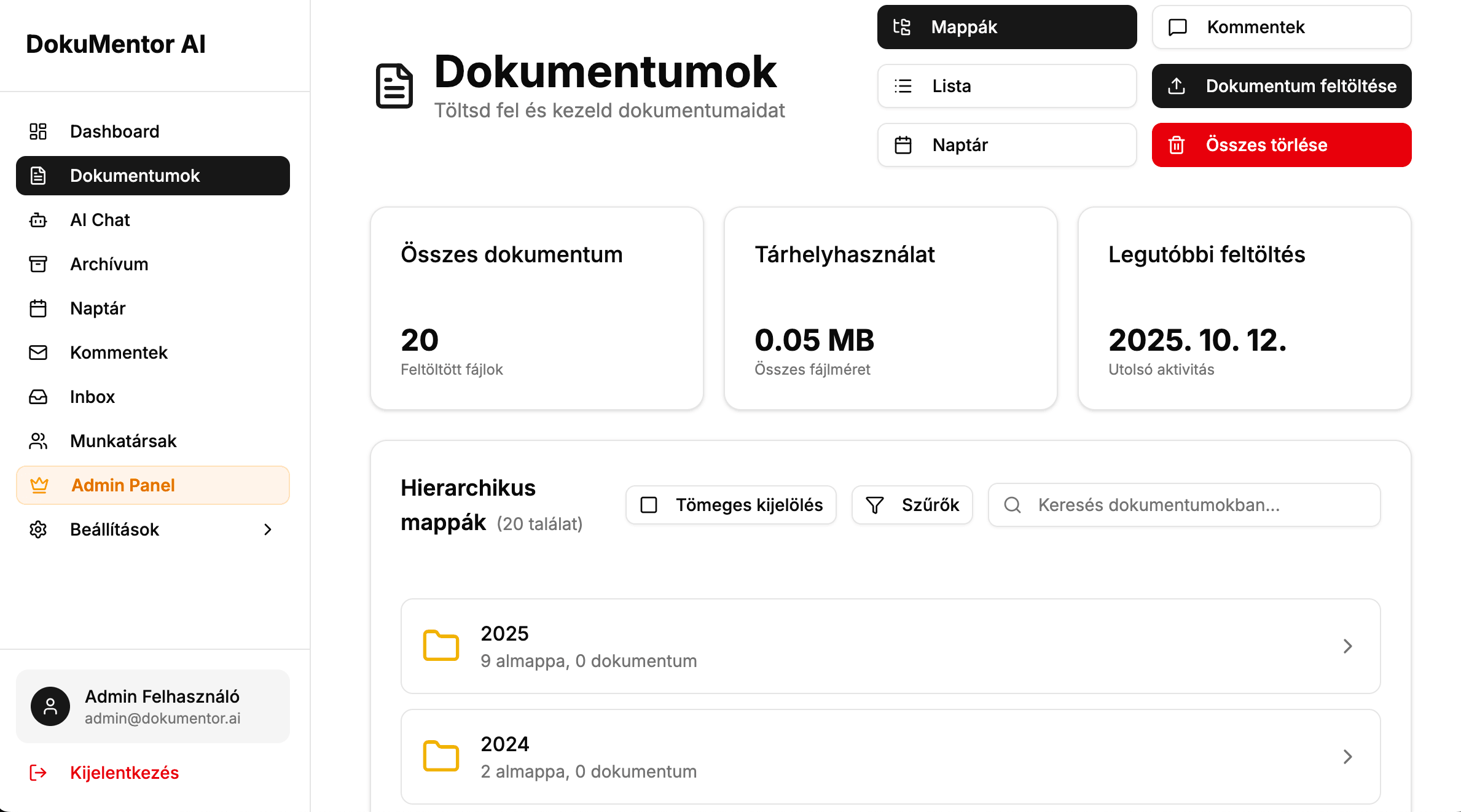 DokuMentor AI Dashboard - AI-alapú dokumentumkezelő rendszer irányítópultja